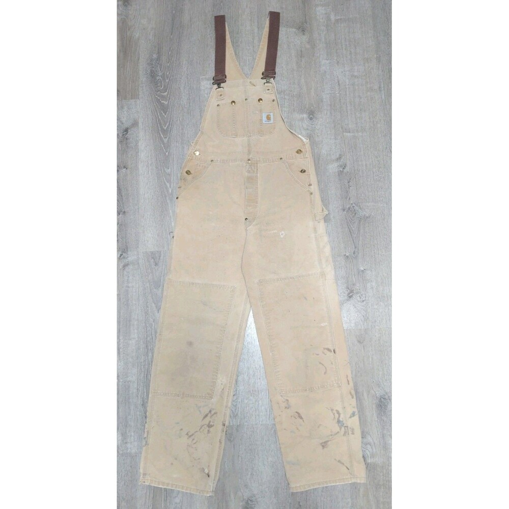 Vintage Carhartt Double Knee Tan Brown Duck Bib Overalls 34x34 Men Made USA